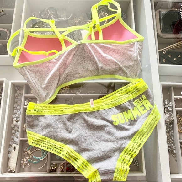 VS Heather Grey Neon Yellow Green Strappy Push-Up Padded Bralette Panty Set - Picture 7 of 14